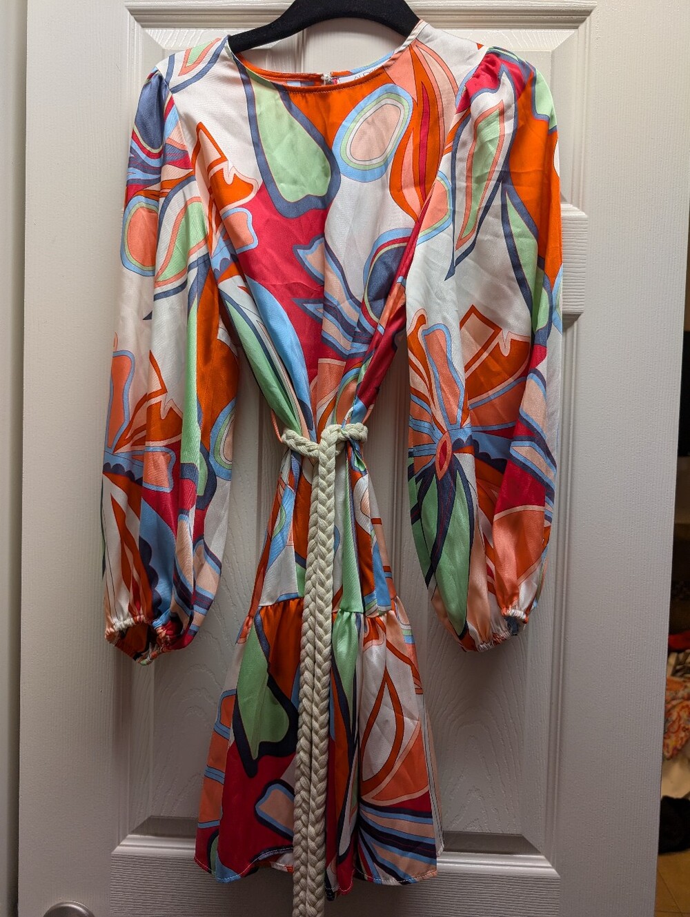 ALEXIE Abstract Print Long-Sleeve Maxi Dress with Rope Tie